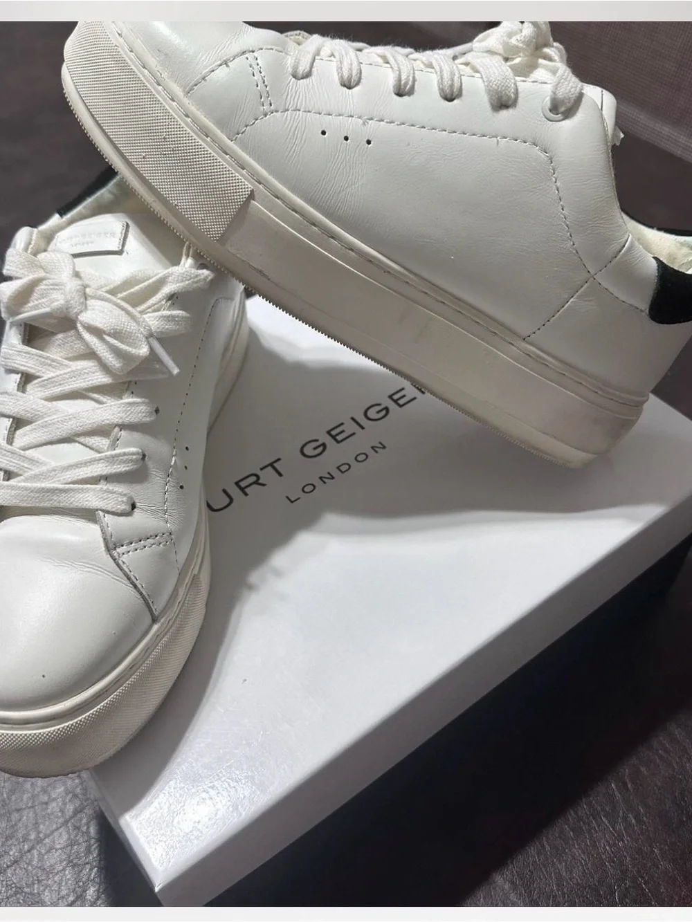 Kurt Geiger White Leather Low-Top Sneakers with Black Heel Accent